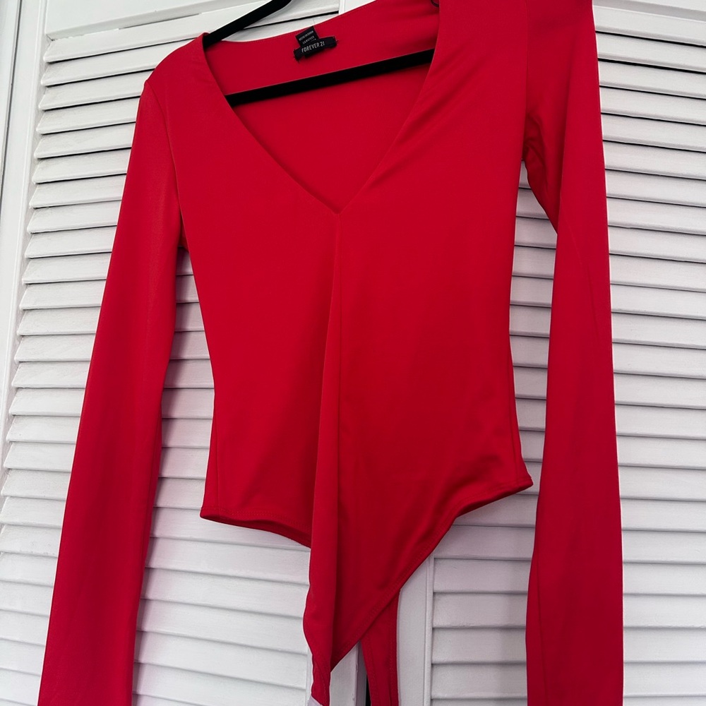 Forever 21 Vibrant Red V-Neck Long Sleeve Bodysuit